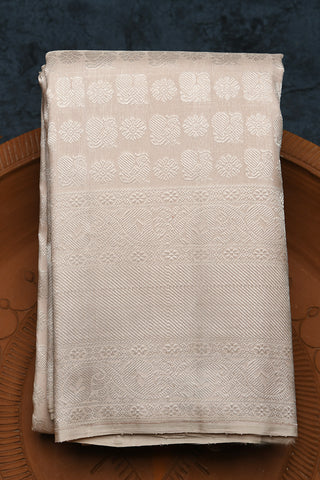 Big Silver Zari Border With Annam And Floral Buttis Cream Color Kanchipuram Silk Saree