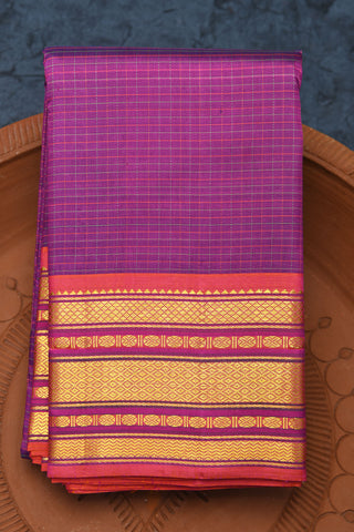 Diamond Border With Thread Work Small Checked Brinjal Purple Kanchipuram Silk Saree