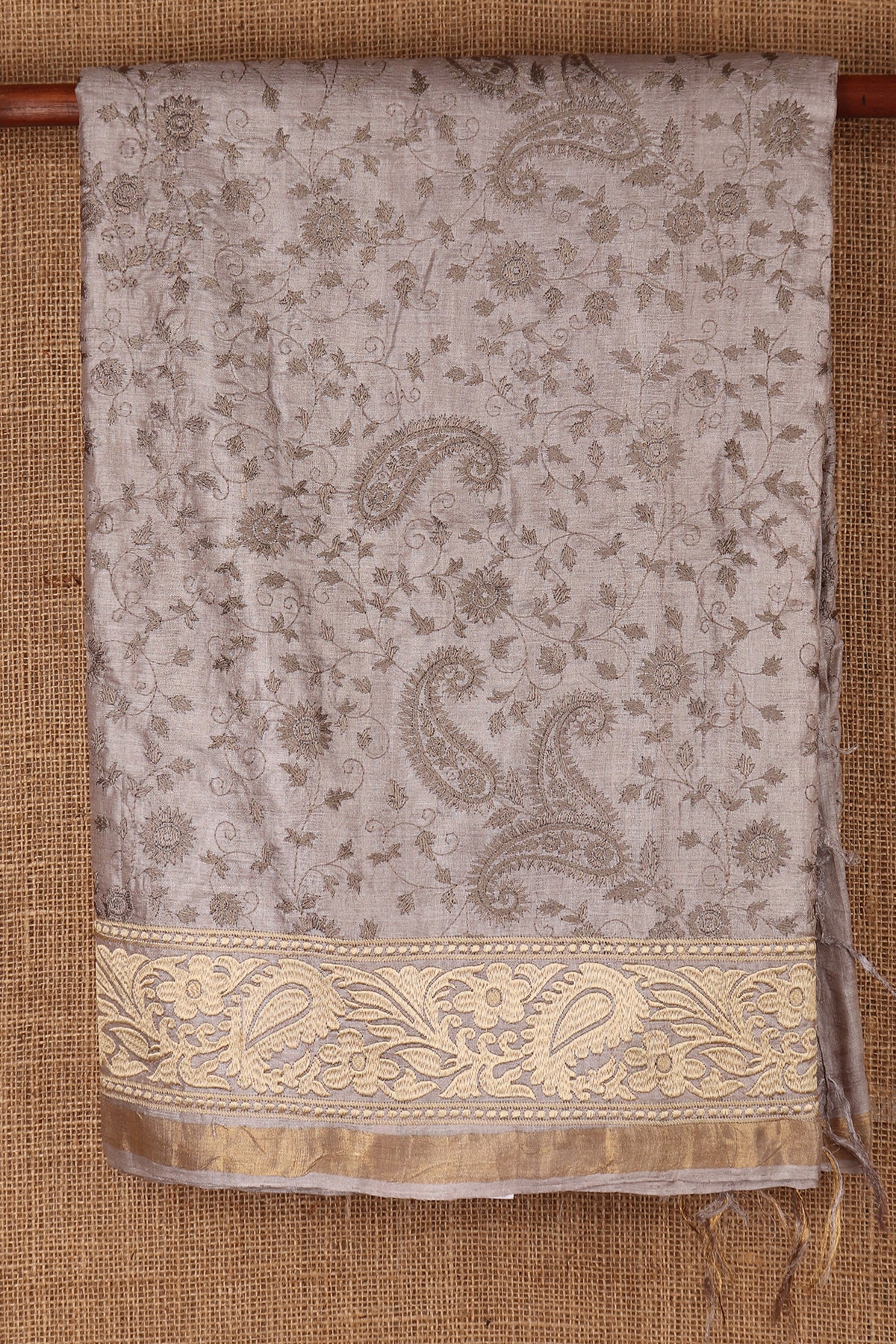 Embroidered Work With Light Light Ash Grey Tussar Silk Saree