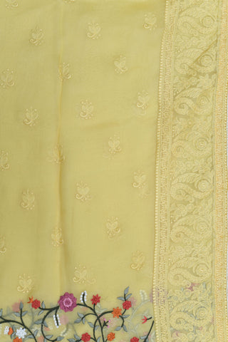 Embroidered And Beaded Border With Floral Design Soft Yellow Organza Saree