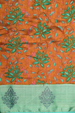 Embroidered And Floral Digital Printed Rust Brown Semi Raw Silk Saree