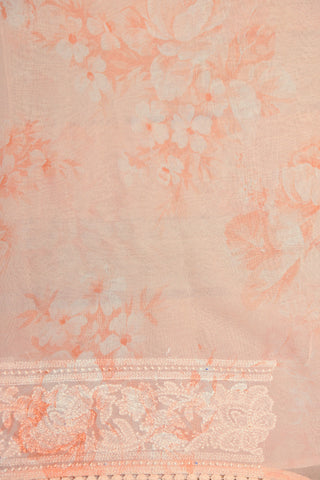 Embroidered Border With Botanical Digital Printed Pastel Orange Banaras Georgette Saree