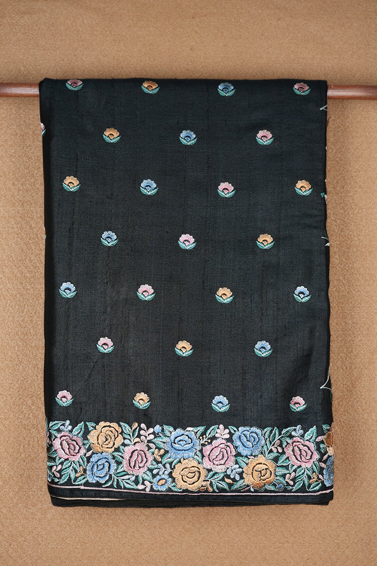 Embroidered Floral Design Border With Buttas Black Tussar Silk Saree