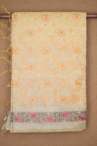 Embroidered Floral Design Pastel Yellow Linen Saree