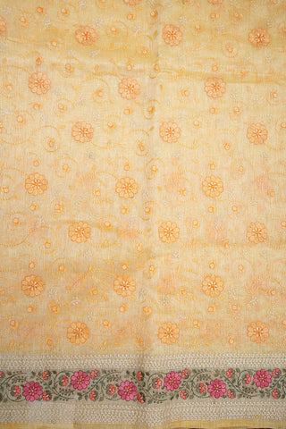 Embroidered Floral Design Pastel Yellow Linen Saree