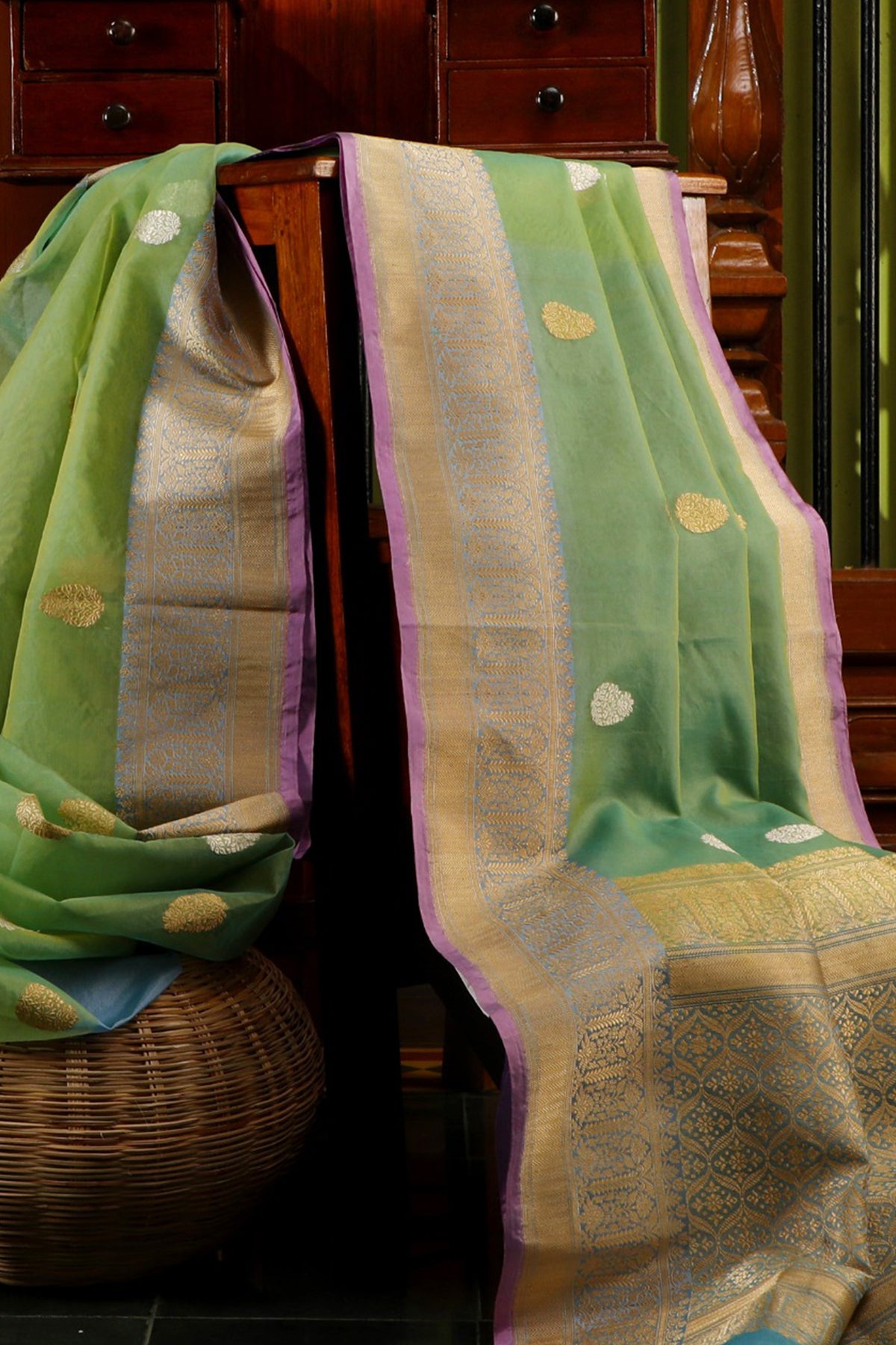 Floral Design Green Banaras Kora Silk Saree