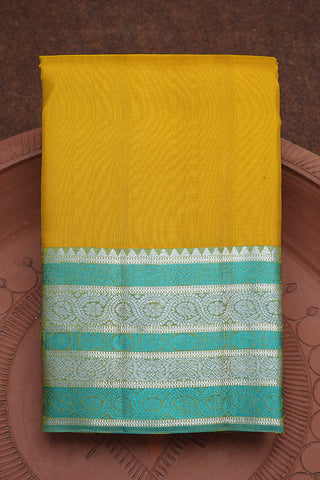 Floral And Peacock Threadwork Border Plain Sunflower Yellow Kanchipuram Silk Saree