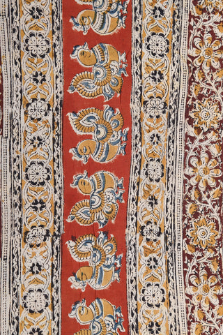 Floral Design Ochre Red Kalamkari Printed Cotton Saree