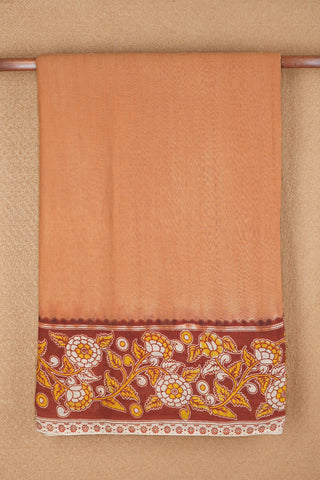 Floral Design Border Plain Ochre Brown Printed Kalamkari Cotton Saree