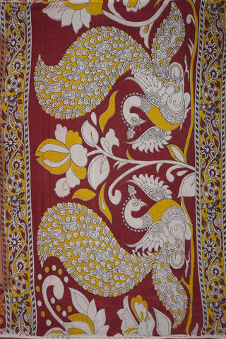 Floral Design Border Plain Ochre Brown Printed Kalamkari Cotton Saree