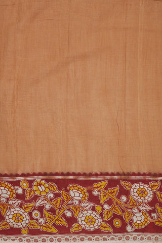 Floral Design Border Plain Ochre Brown Printed Kalamkari Cotton Saree