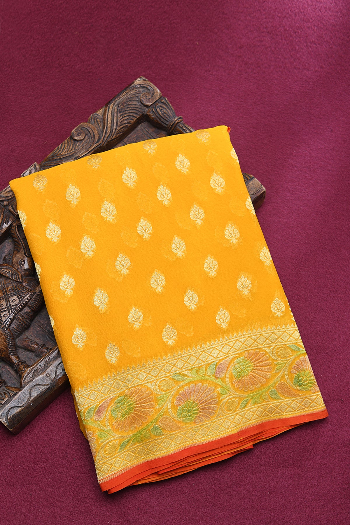 Floral Border With Motifs Turmeric Yellow Georgette Saree