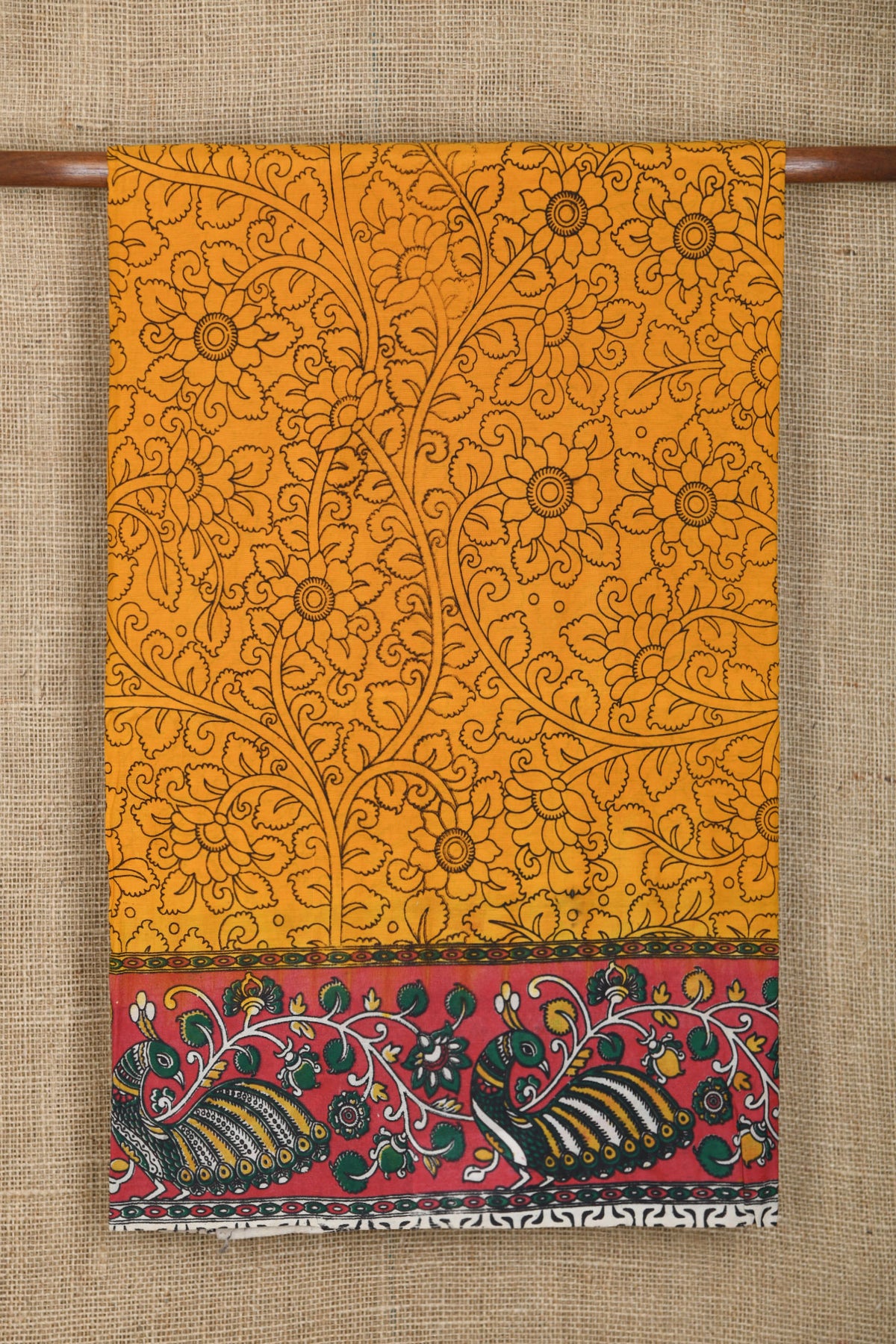 Floral Design Mustard Yellow Kalamkari Printed Silk Saree