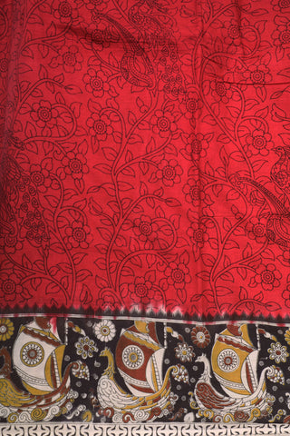 Floral Design Red Kalamkari Printed Cotton Saree