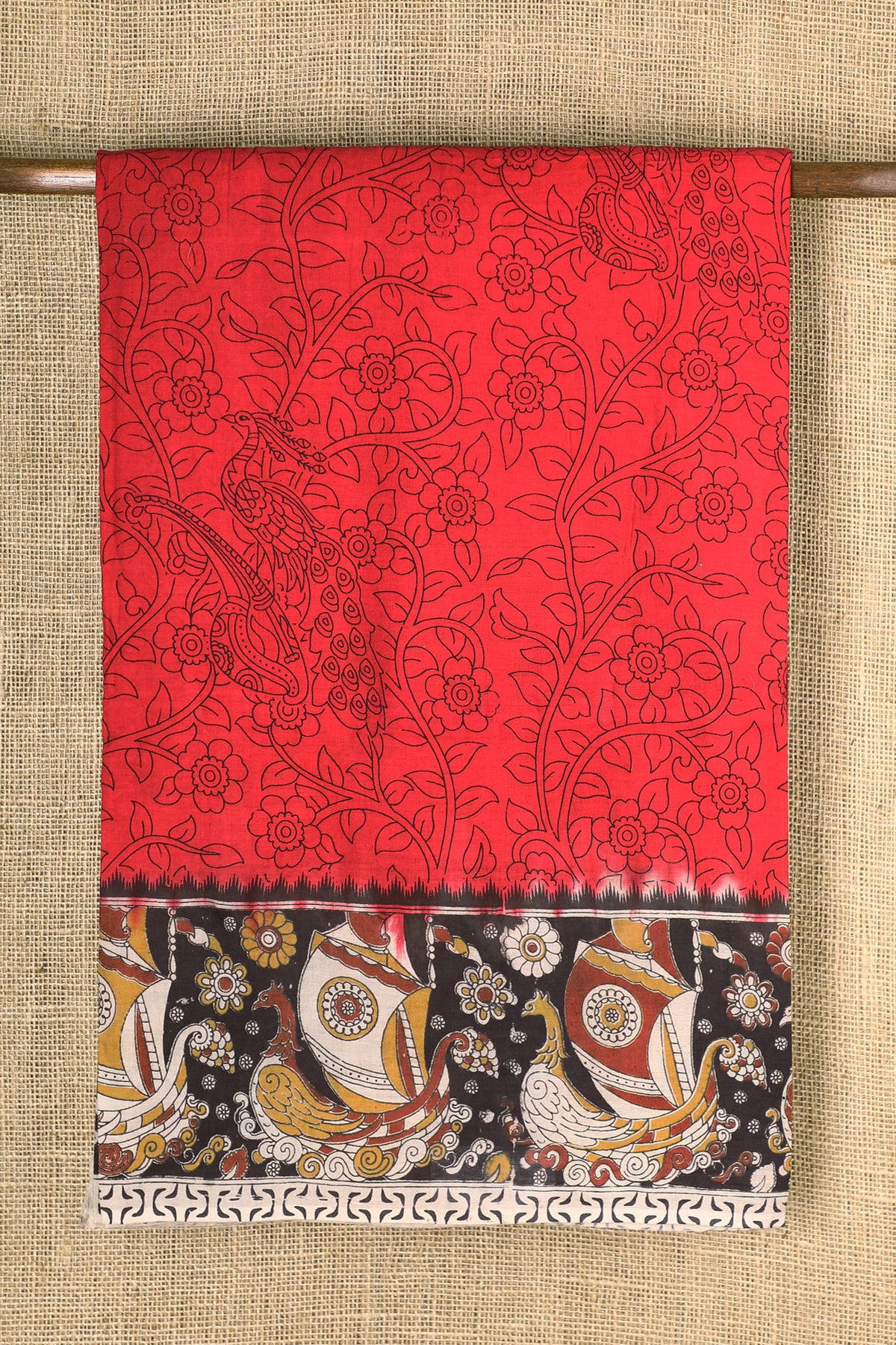 Floral Design Red Kalamkari Printed Cotton Saree