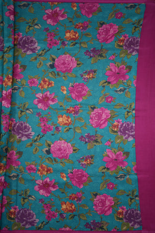 Floral Design Teal Blue Printed Silk Saree