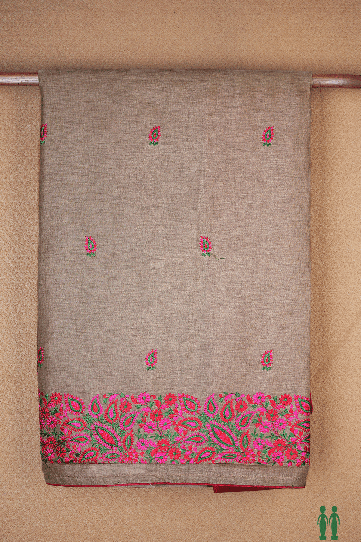 Floral Embroidery Motifs Pastel Brown Semi Tussar Silk Saree