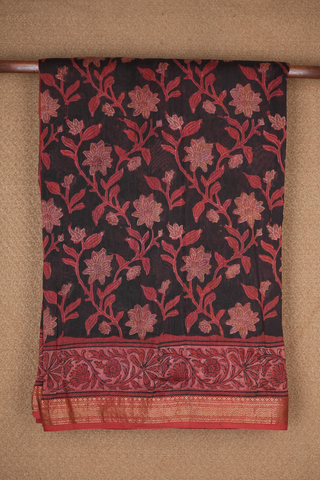 Floral Printed Dark Oak Brown Chanderi Cotton Saree