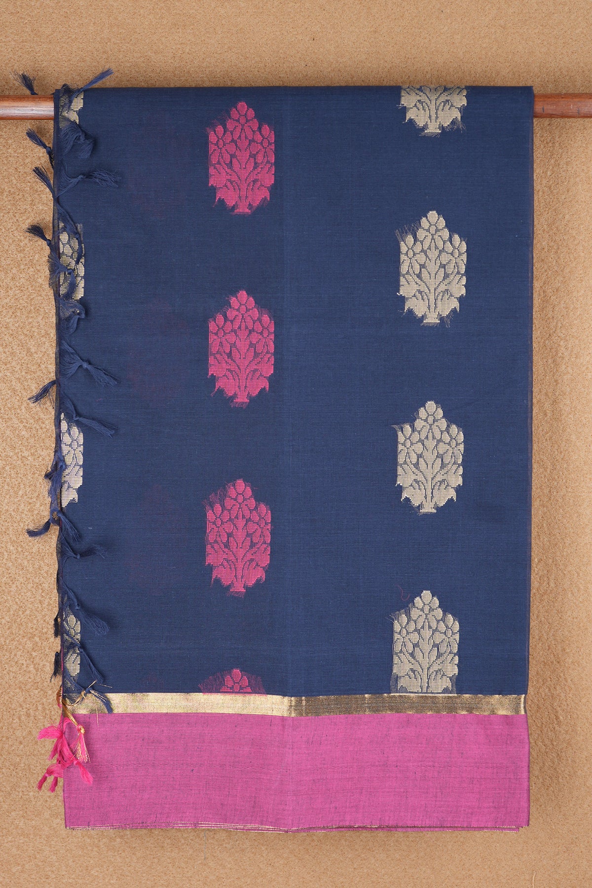 Floral Threadwork Motifs Navy Blue Kanchi Cotton Saree