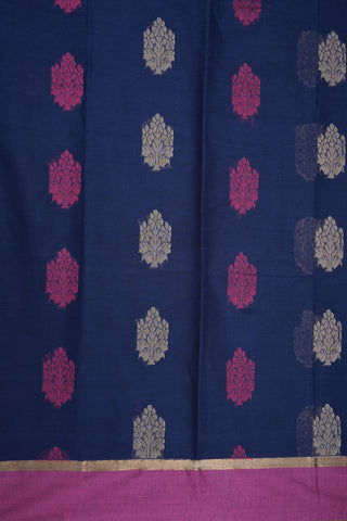 Floral Threadwork Motifs Navy Blue Kanchi Cotton Saree