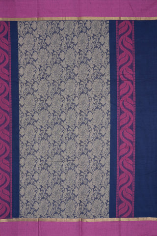 Floral Threadwork Motifs Navy Blue Kanchi Cotton Saree