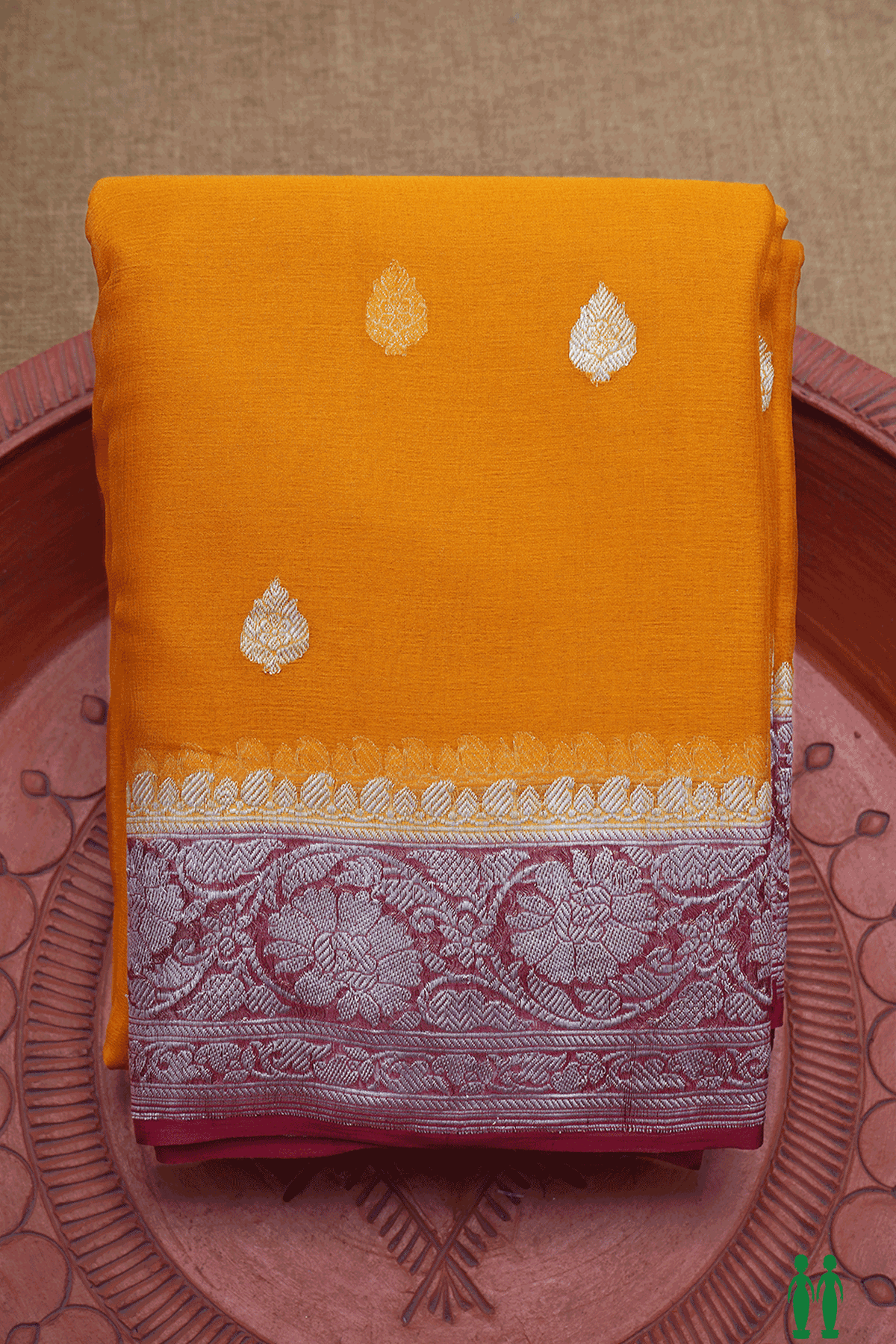 Floral Zari Motifs Ochre Orange Chiffon Saree