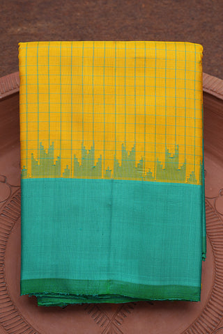 Temple Border With Threadwork Checks Mango Yellow Gadwal Silk Cotton Saree