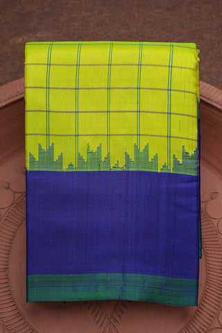 Temple Threadwork Border With Checks Lime Green Gadwal Silk Cotton Saree