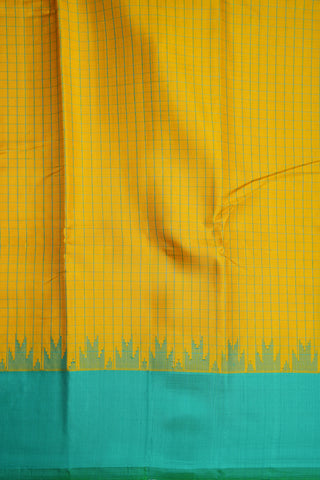 Temple Border With Threadwork Checks Mango Yellow Gadwal Silk Cotton Saree