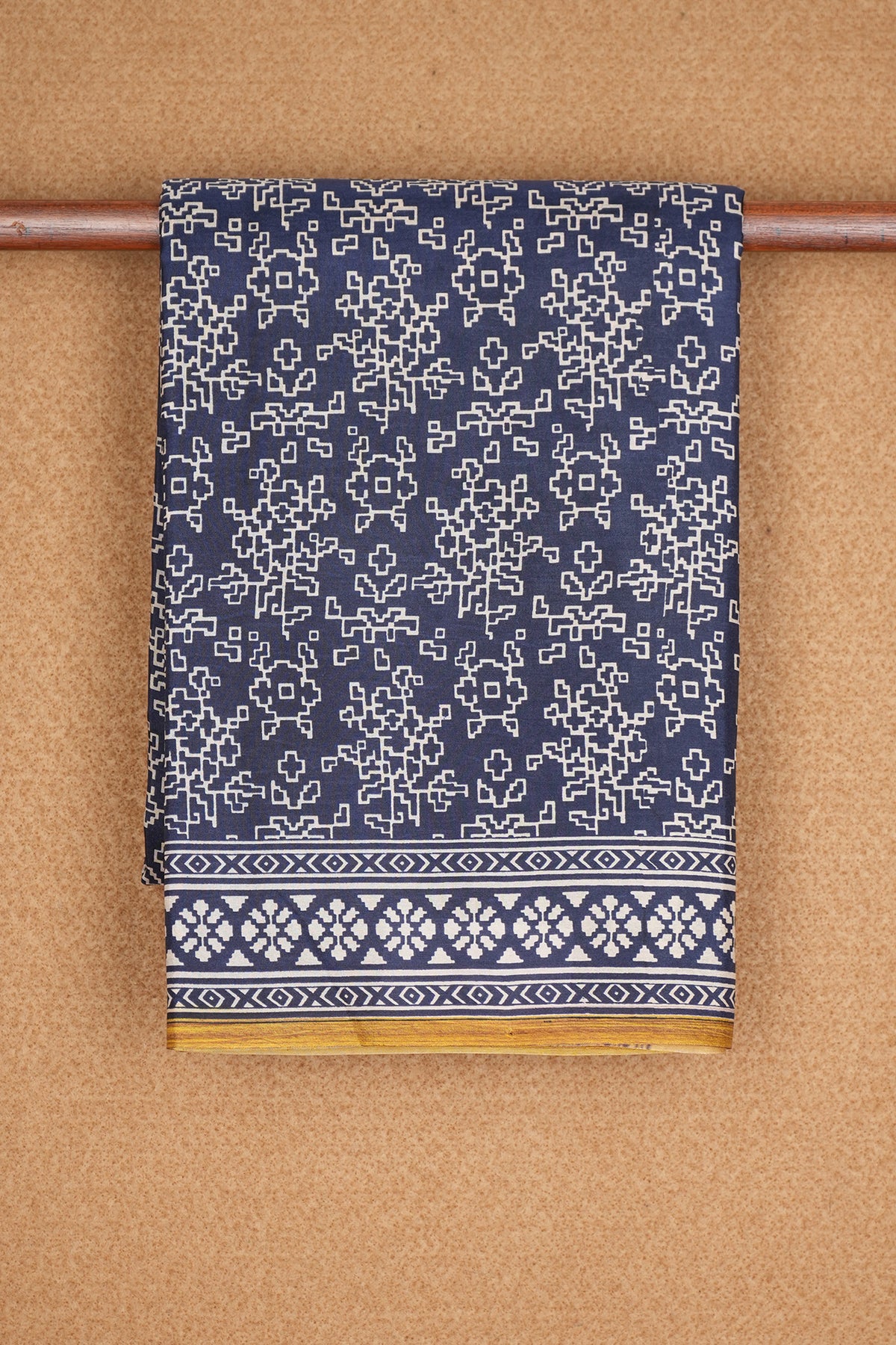 Geometric Pattern Navy Blue Printed Silk Saree