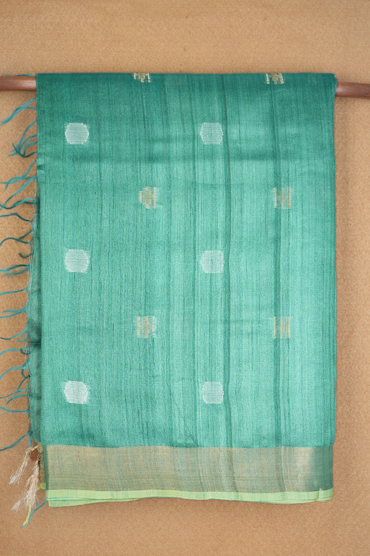 Gold And Silver Zari Motifs Teal Green Jute Saree