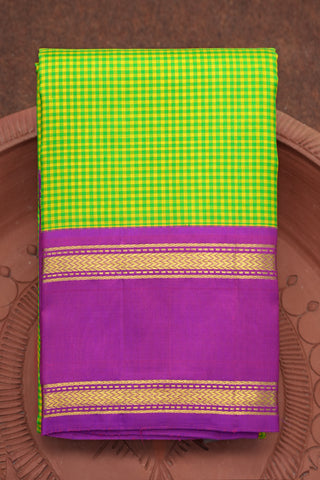 Contrast Korvai Border With Green And Yellow Checks Kanchipuram Silk Saree