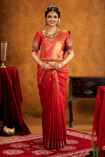 Chilli red Kancheepuram soft silk saree with stitched blouse – SashEmporium