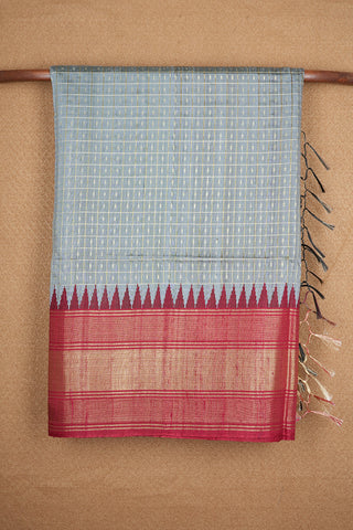 Allover Checks And Buttis With Contrast Zari Border Steel Blue Jute Silk Saree