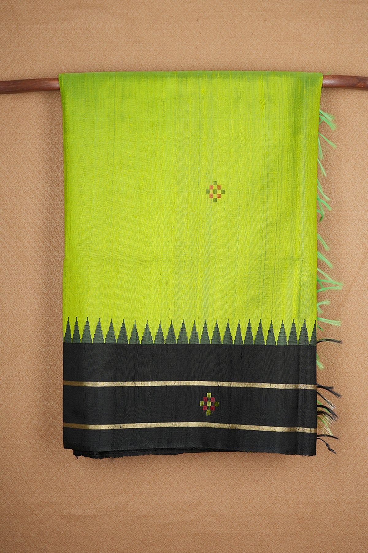 Contrast Temple Design and Zari Border Parrot Green Jute Silk Saree