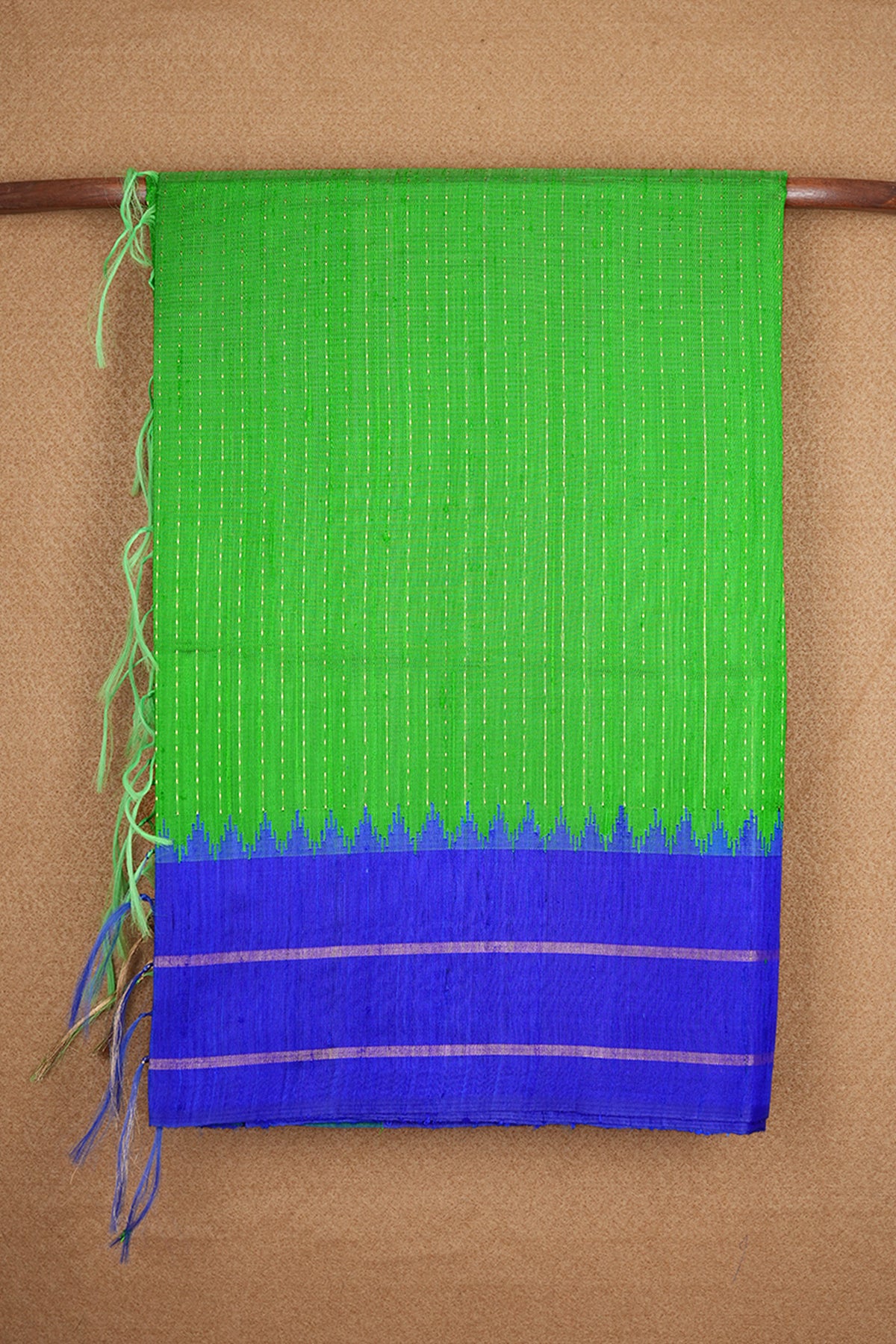 Allover Zari Stripes With Contrast Border Parrot Green Jute Silk Saree