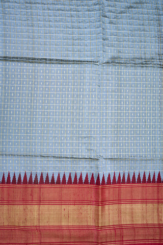 Allover Checks And Buttis With Contrast Zari Border Steel Blue Jute Silk Saree