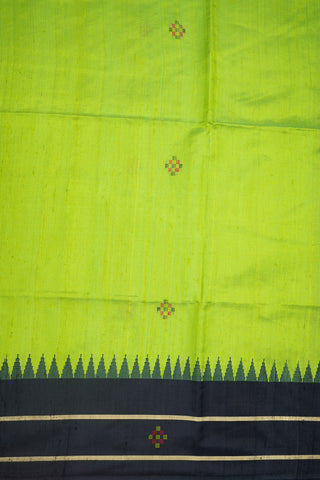 Contrast Temple Design and Zari Border Parrot Green Jute Silk Saree