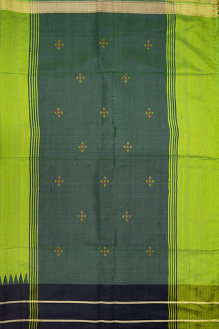 Contrast Temple Design and Zari Border Parrot Green Jute Silk Saree