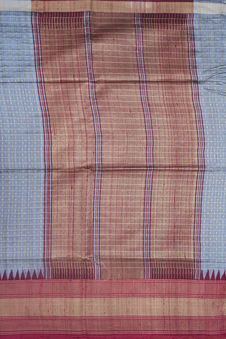 Allover Checks And Buttis With Contrast Zari Border Steel Blue Jute Silk Saree