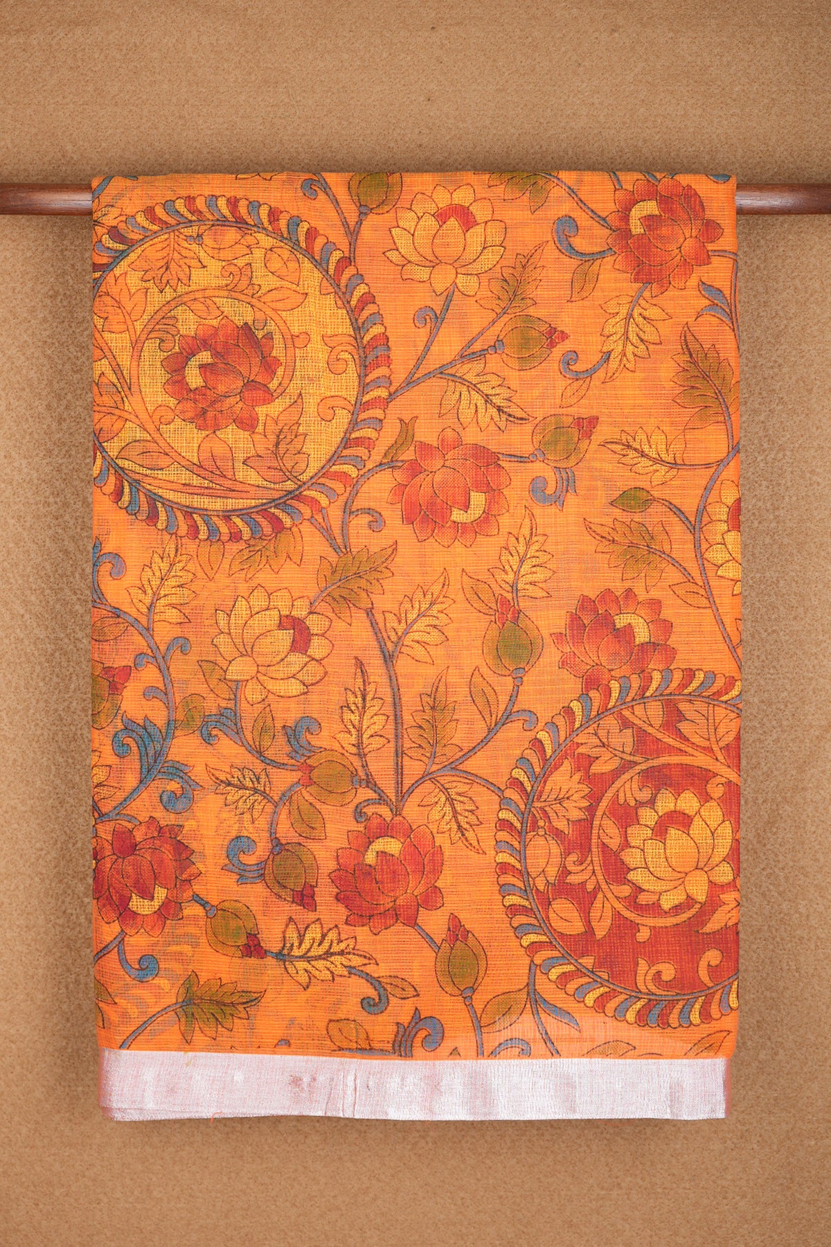 Allover Floral Printed Royal Orange Kalamkari Kota Saree