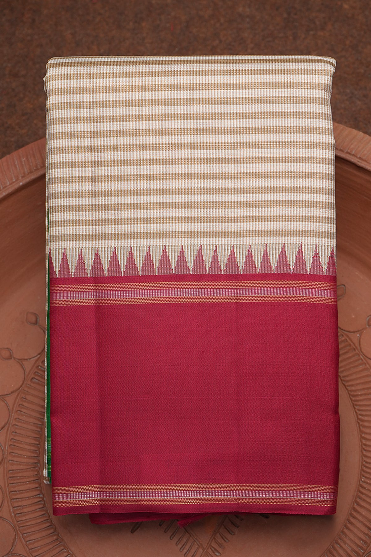 Ganga Jamuna Zari Border Khaki And Beige Kanchipuram Silk Saree