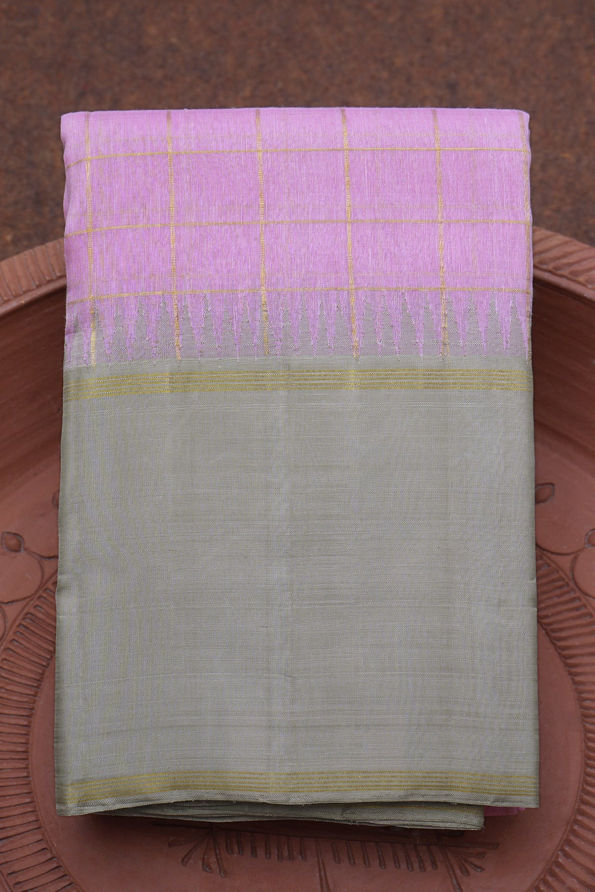 Contrast Temple Border Light Rose Pink Silk Linen Kanchipuram Saree