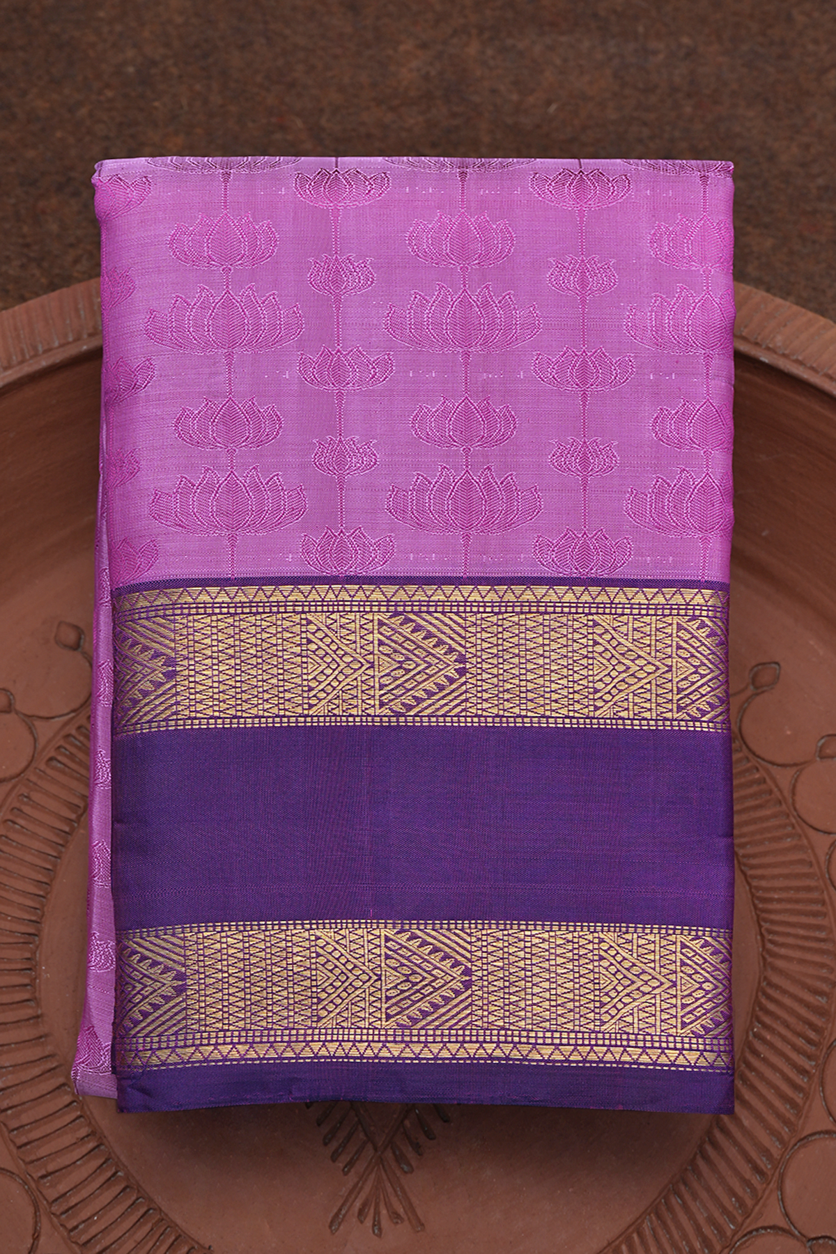 Lotus Threadwork Design Purple Rose Kanchipuram Silk Saree