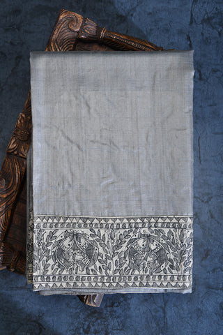 Madhubani Hand Painted Border In Plain Grey Tussar Silk Saree