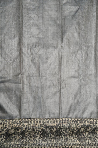 Madhubani Hand Painted Border In Plain Grey Tussar Silk Saree