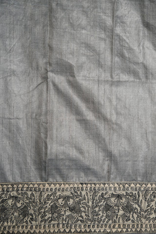 Madhubani Hand Painted Border In Plain Grey Tussar Silk Saree