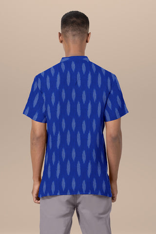 Mandarin Collar Cobalt Blue Ikat Cotton Short Kurta