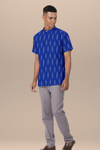 Mandarin Collar Cobalt Blue Ikat Cotton Short Kurta