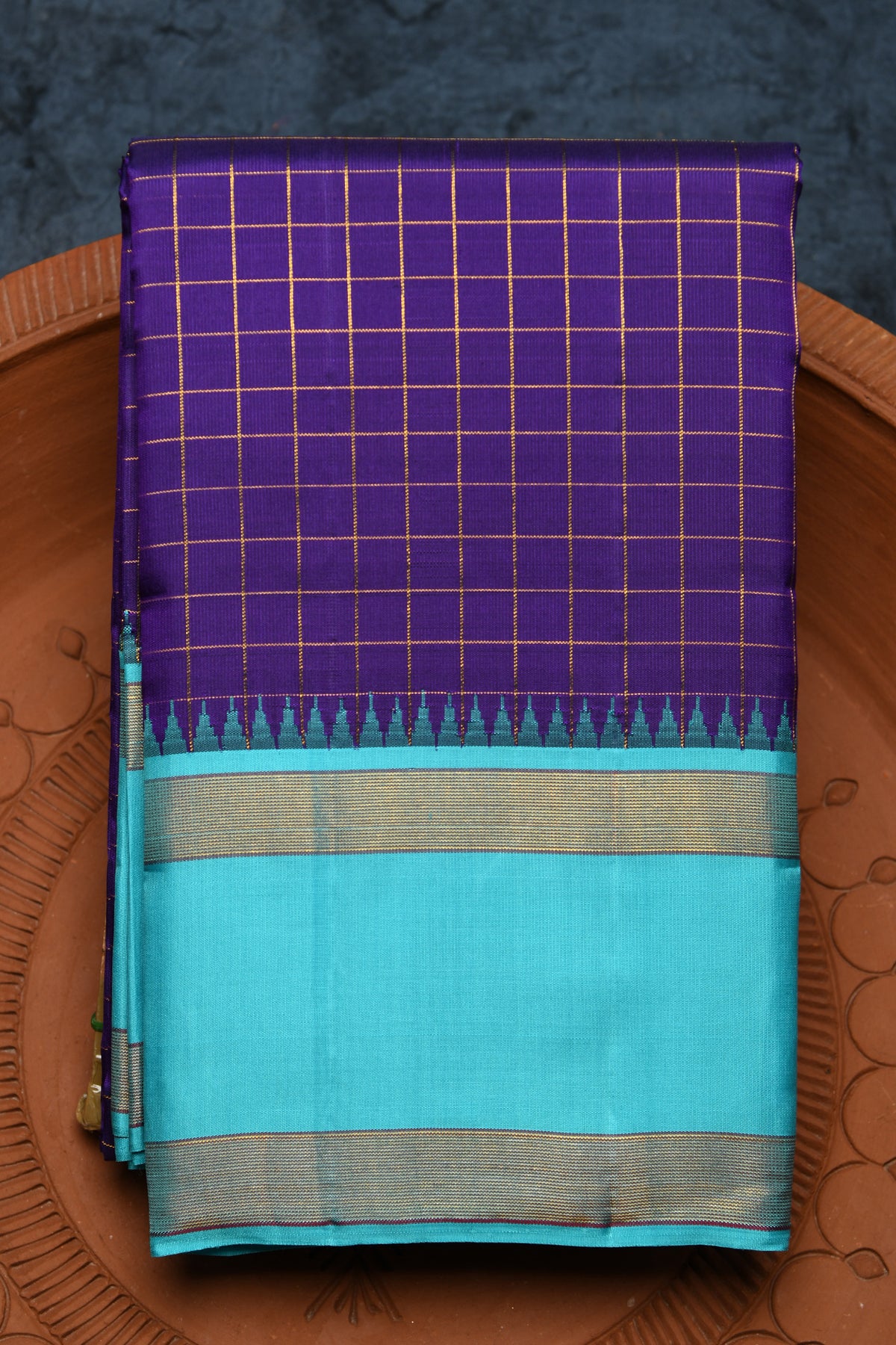 Muthu Seer Border With Zari Checks Navy Blue Kanchipuram Silk Saree